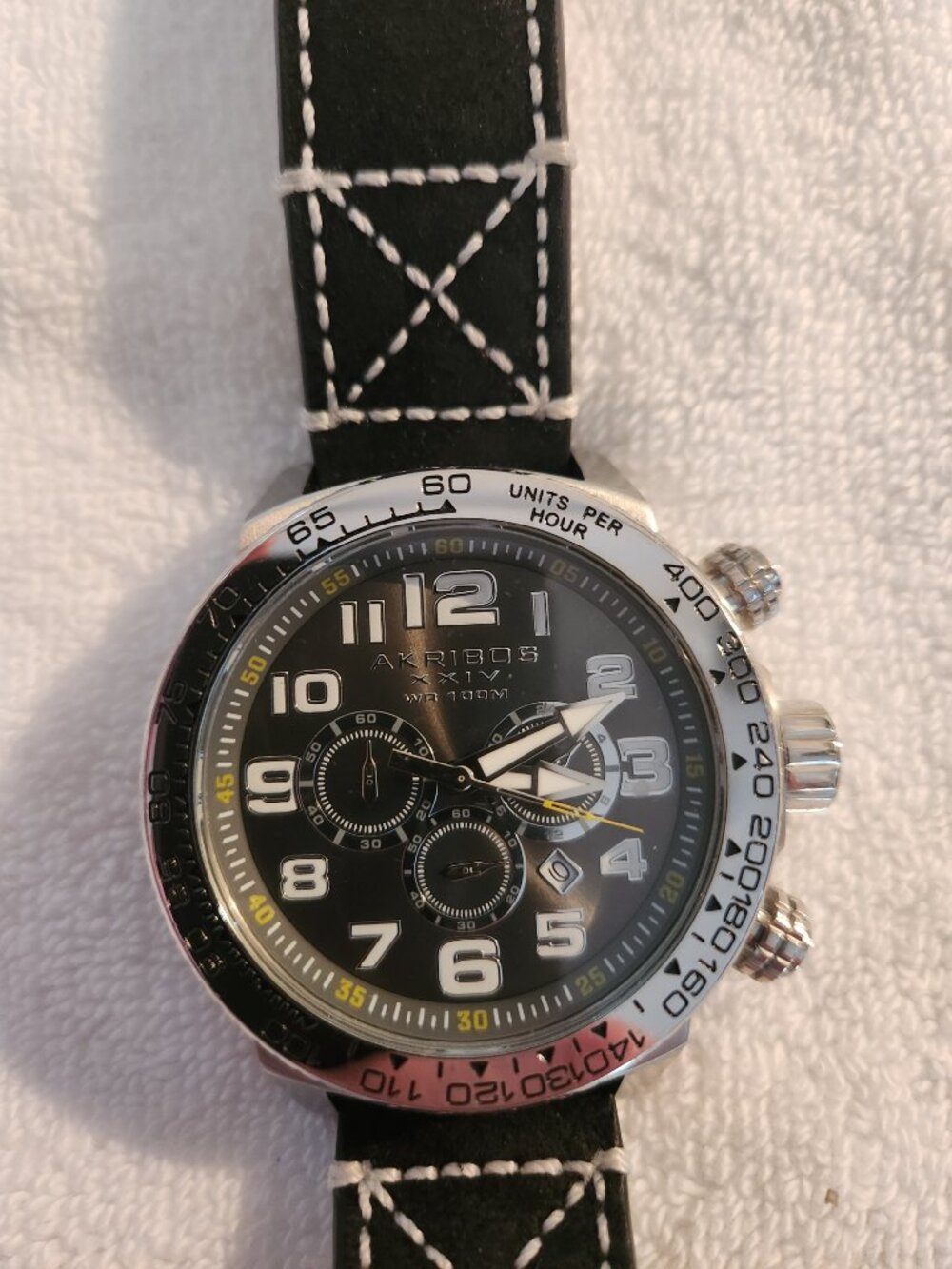Akribos XXIV Men's AK842SSB Chronograph Black Dial Leather Strap Watch New
